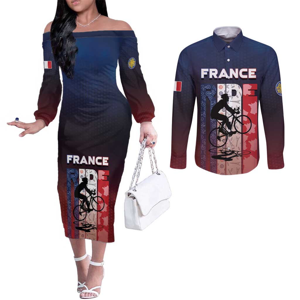 Personalized France Cycling Couples Matching Off The Shoulder Long Sleeve Dress and Long Sleeve Button Shirt Ride With Cyclist - Wonder Print Shop