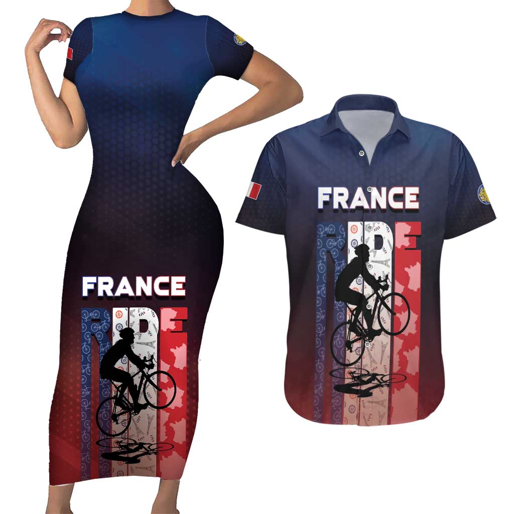 Personalized France Cycling Couples Matching Short Sleeve Bodycon Dress and Hawaiian Shirt Ride With Cyclist - Wonder Print Shop