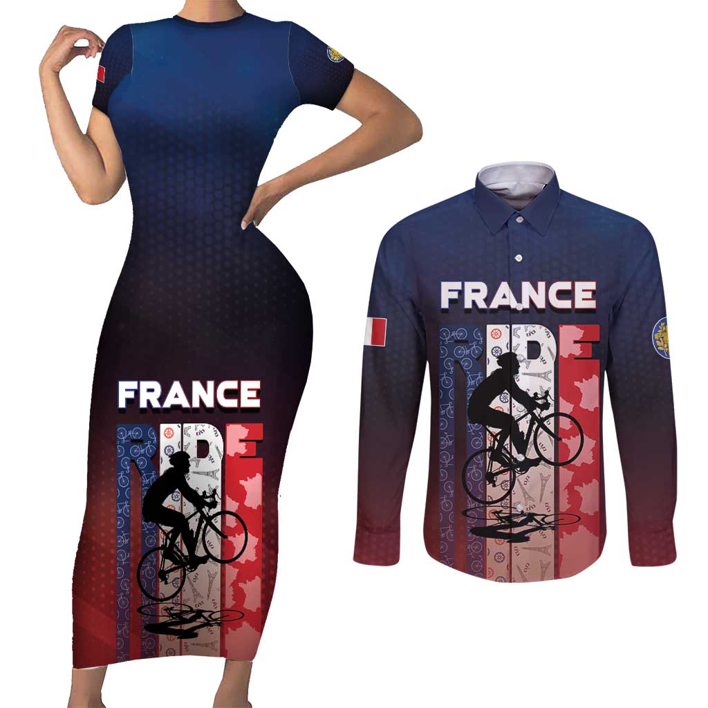 Personalized France Cycling Couples Matching Short Sleeve Bodycon Dress and Long Sleeve Button Shirt Ride With Cyclist - Wonder Print Shop