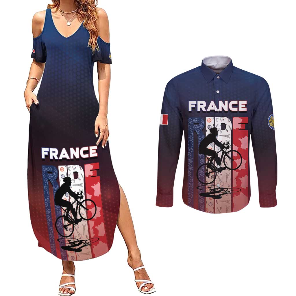 Personalized France Cycling Couples Matching Summer Maxi Dress and Long Sleeve Button Shirt Ride With Cyclist - Wonder Print Shop