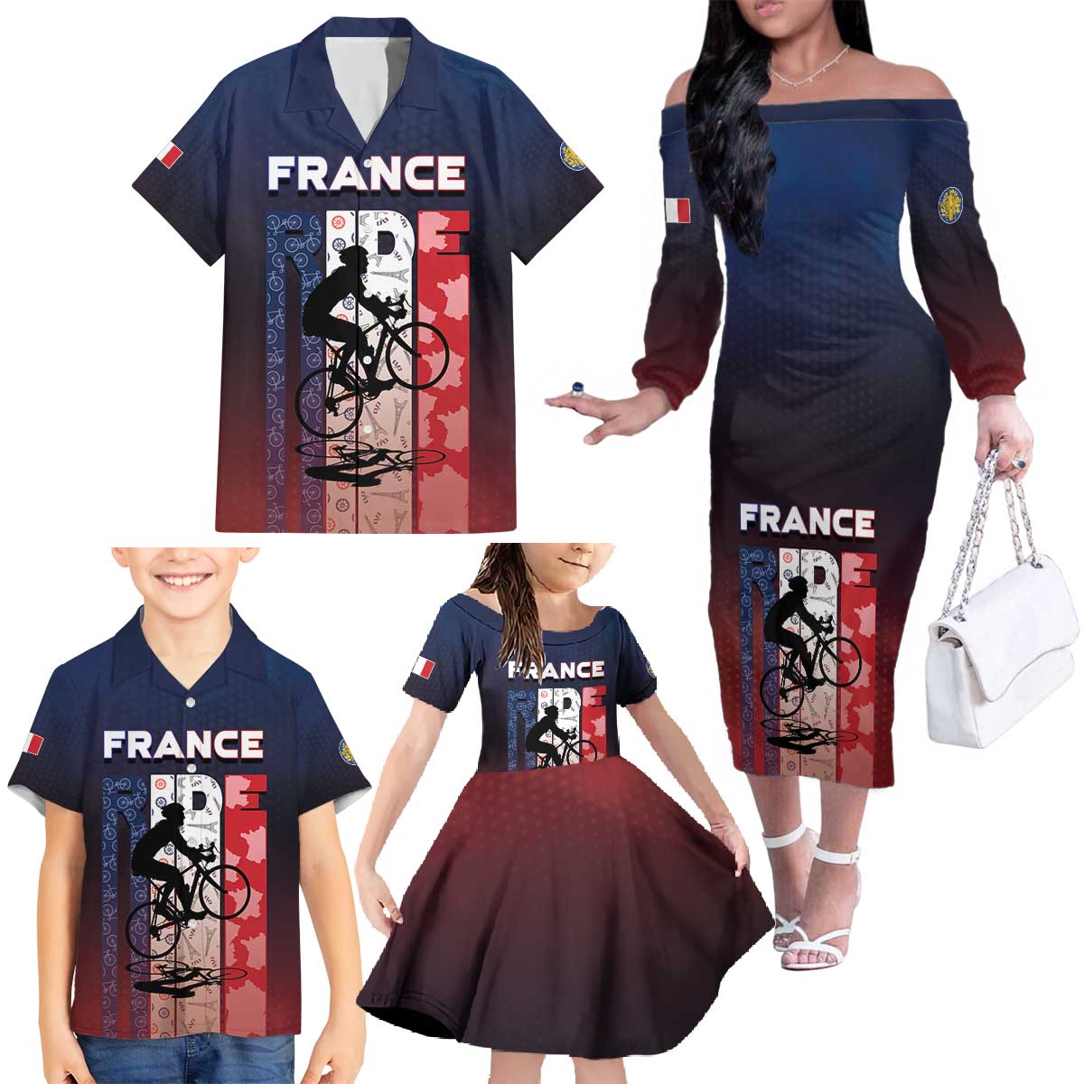 Personalized France Cycling Family Matching Off The Shoulder Long Sleeve Dress and Hawaiian Shirt Ride With Cyclist - Wonder Print Shop