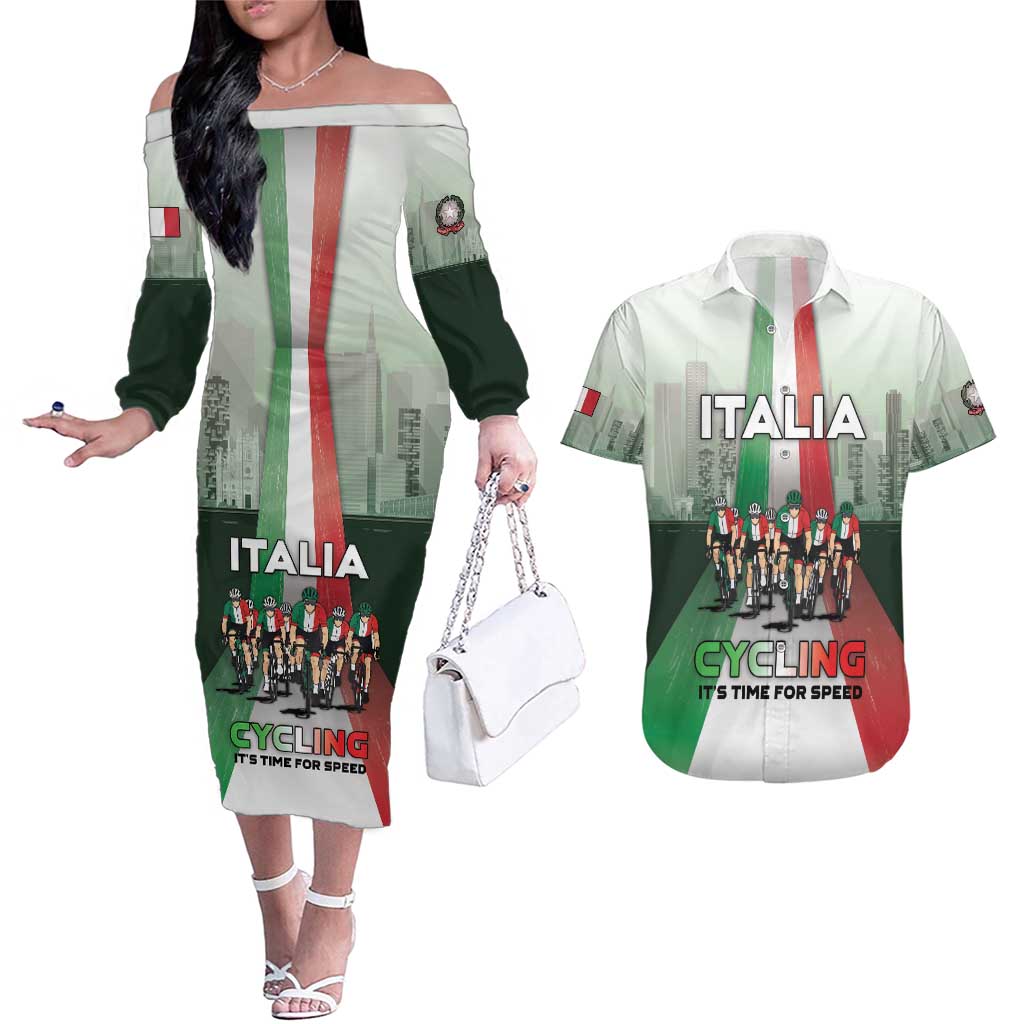 Personalized Italy Cycling Couples Matching Off The Shoulder Long Sleeve Dress and Hawaiian Shirt Life In The Bike Lane - Wonder Print Shop