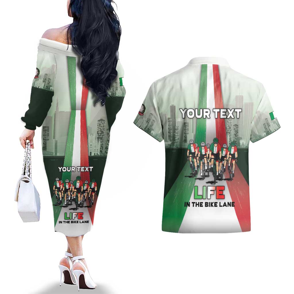 Personalized Italy Cycling Couples Matching Off The Shoulder Long Sleeve Dress and Hawaiian Shirt Life In The Bike Lane - Wonder Print Shop