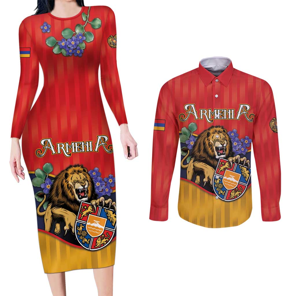 Personalized Armenia Couples Matching Long Sleeve Bodycon Dress and Long Sleeve Button Shirt Lion As National Symbol - Wonder Print Shop