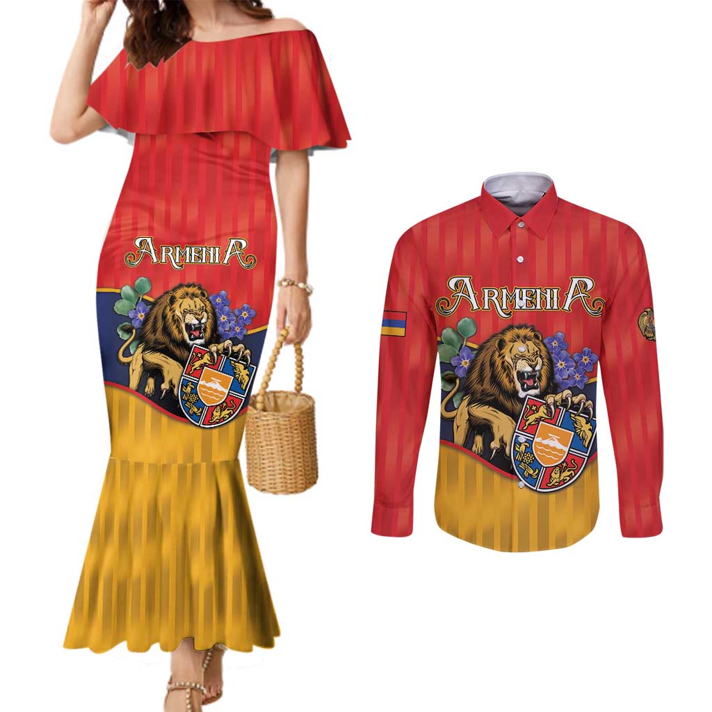 Personalized Armenia Couples Matching Mermaid Dress and Long Sleeve Button Shirt Lion As National Symbol - Wonder Print Shop