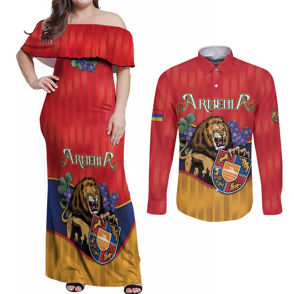 Personalized Armenia Couples Matching Off Shoulder Maxi Dress and Long Sleeve Button Shirt Lion As National Symbol - Wonder Print Shop