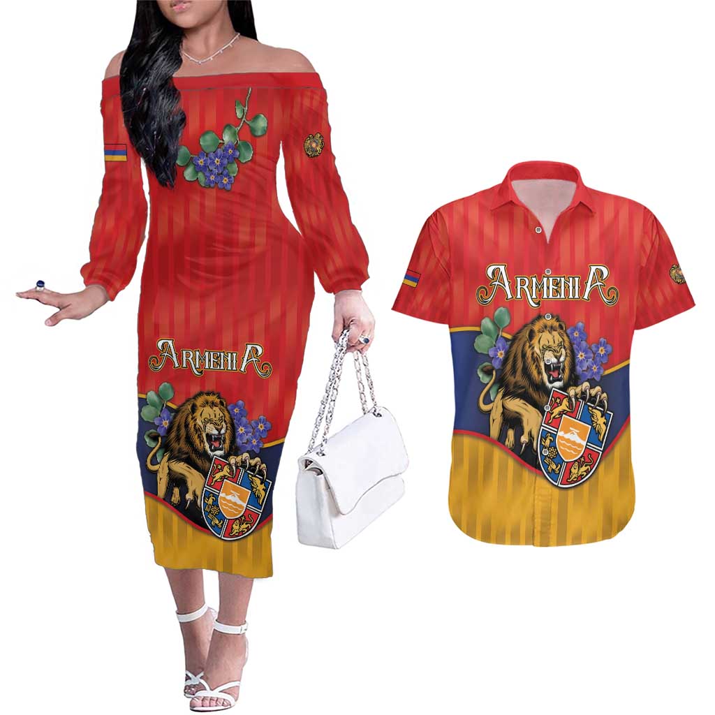Personalized Armenia Couples Matching Off The Shoulder Long Sleeve Dress and Hawaiian Shirt Lion As National Symbol - Wonder Print Shop