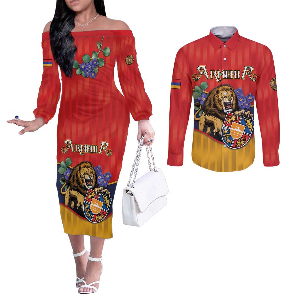 Personalized Armenia Couples Matching Off The Shoulder Long Sleeve Dress and Long Sleeve Button Shirt Lion As National Symbol - Wonder Print Shop
