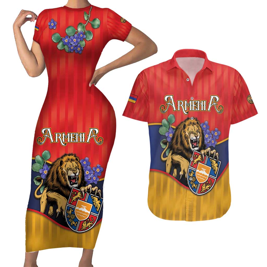 Personalized Armenia Couples Matching Short Sleeve Bodycon Dress and Hawaiian Shirt Lion As National Symbol - Wonder Print Shop