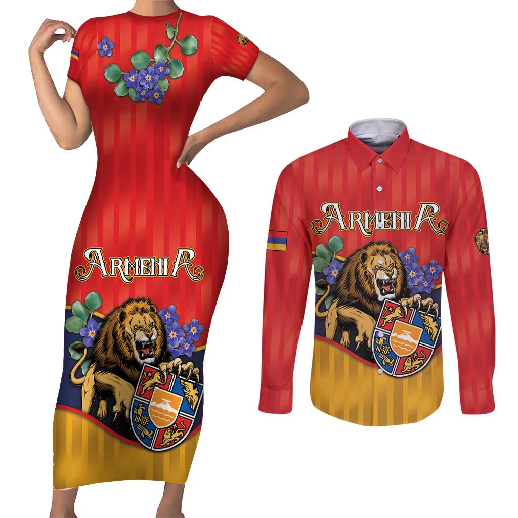 Personalized Armenia Couples Matching Short Sleeve Bodycon Dress and Long Sleeve Button Shirt Lion As National Symbol - Wonder Print Shop