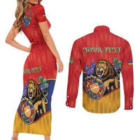 Personalized Armenia Couples Matching Short Sleeve Bodycon Dress and Long Sleeve Button Shirt Lion As National Symbol - Wonder Print Shop