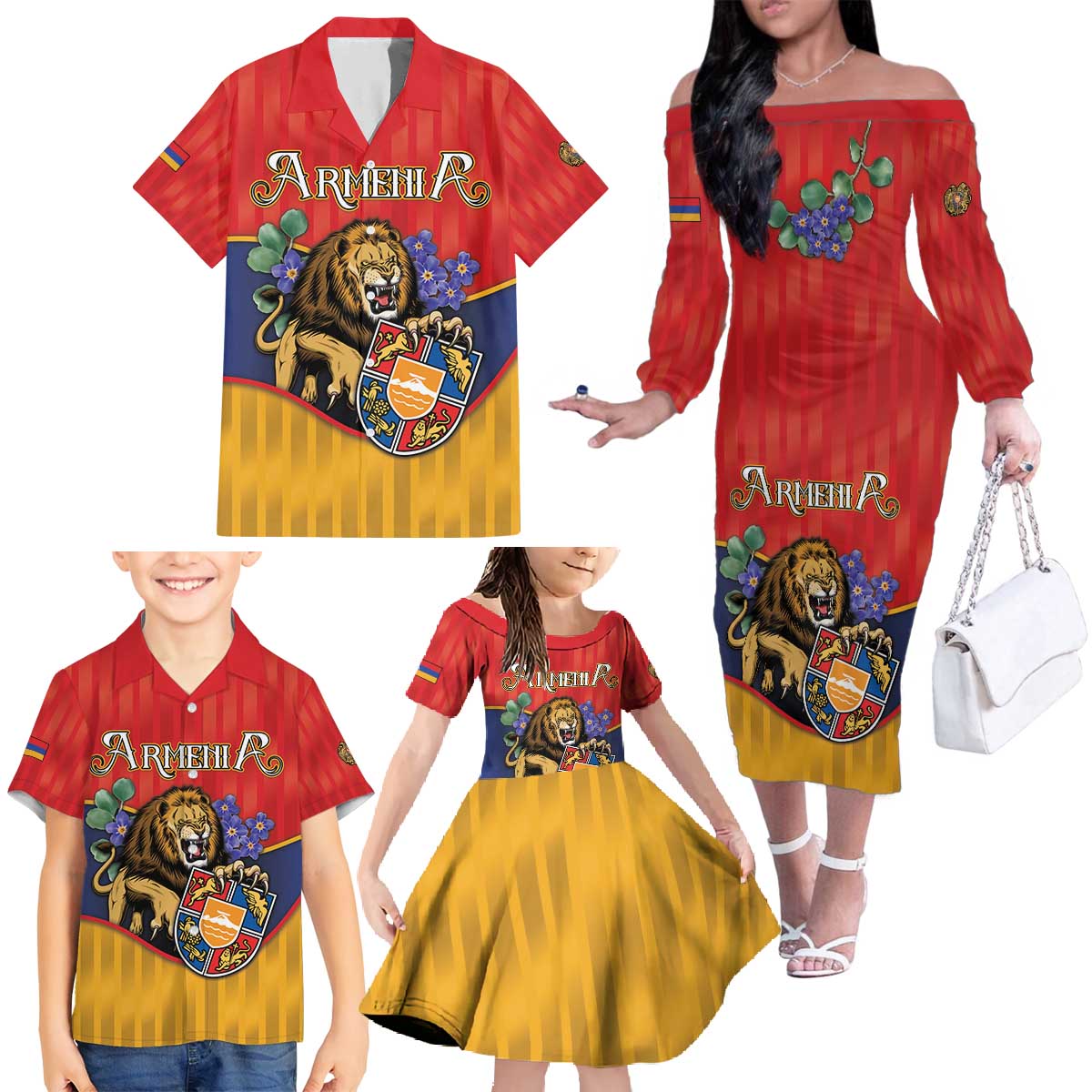 Personalized Armenia Family Matching Off The Shoulder Long Sleeve Dress and Hawaiian Shirt Lion As National Symbol - Wonder Print Shop