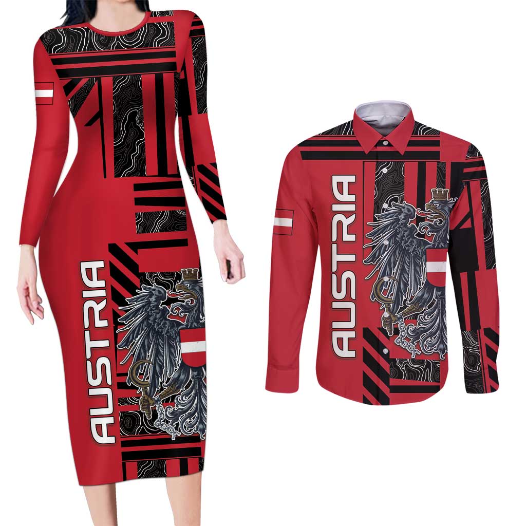 Personalized Austria Couples Matching Long Sleeve Bodycon Dress and Long Sleeve Button Shirt Black Eagle Badge With Patterns - Wonder Print Shop