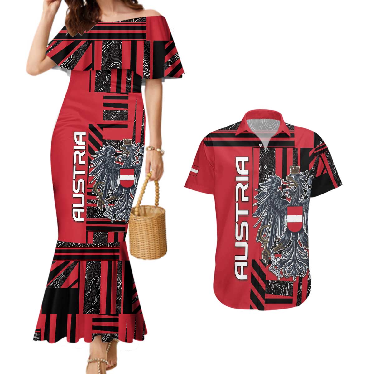 Personalized Austria Couples Matching Mermaid Dress and Hawaiian Shirt Black Eagle Badge With Patterns - Wonder Print Shop