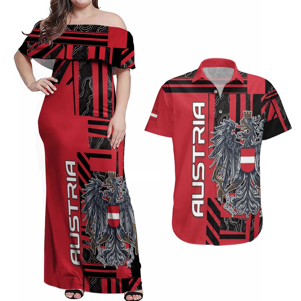 Personalized Austria Couples Matching Off Shoulder Maxi Dress and Hawaiian Shirt Black Eagle Badge With Patterns - Wonder Print Shop