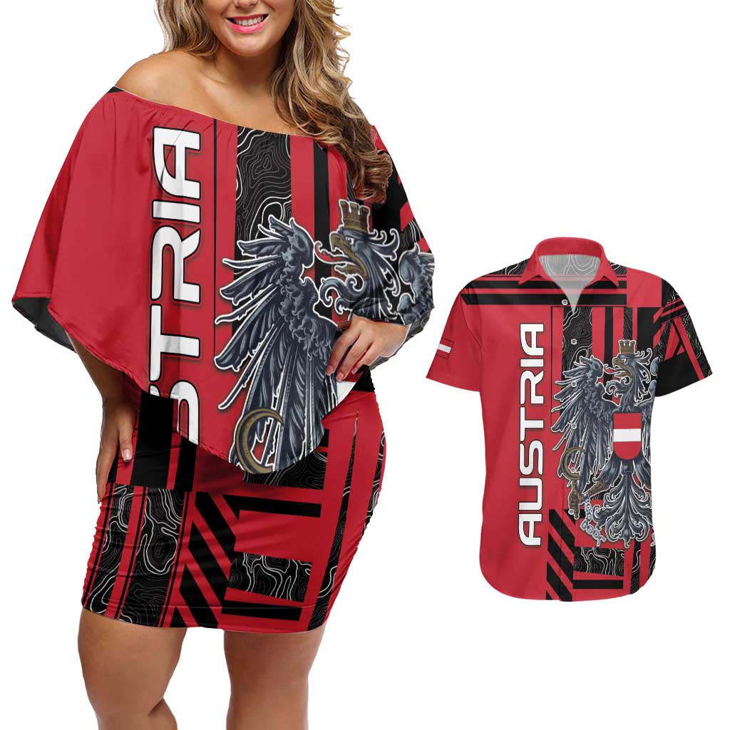 Personalized Austria Couples Matching Off Shoulder Short Dress and Hawaiian Shirt Black Eagle Badge With Patterns - Wonder Print Shop