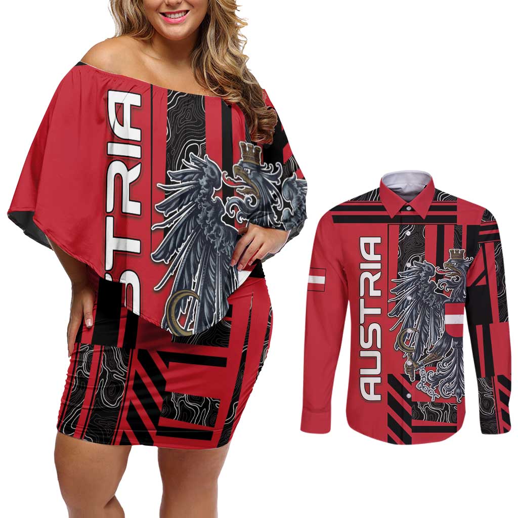 Personalized Austria Couples Matching Off Shoulder Short Dress and Long Sleeve Button Shirt Black Eagle Badge With Patterns - Wonder Print Shop