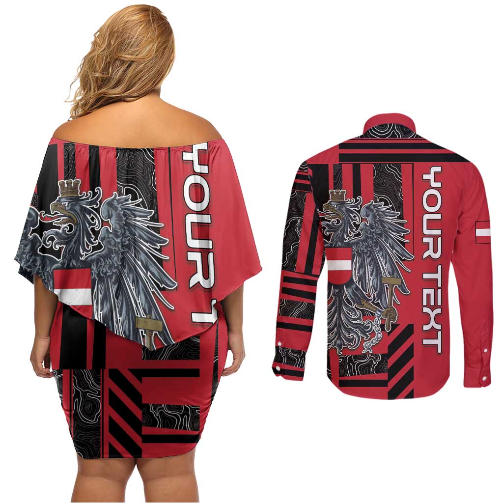 Personalized Austria Couples Matching Off Shoulder Short Dress and Long Sleeve Button Shirt Black Eagle Badge With Patterns - Wonder Print Shop