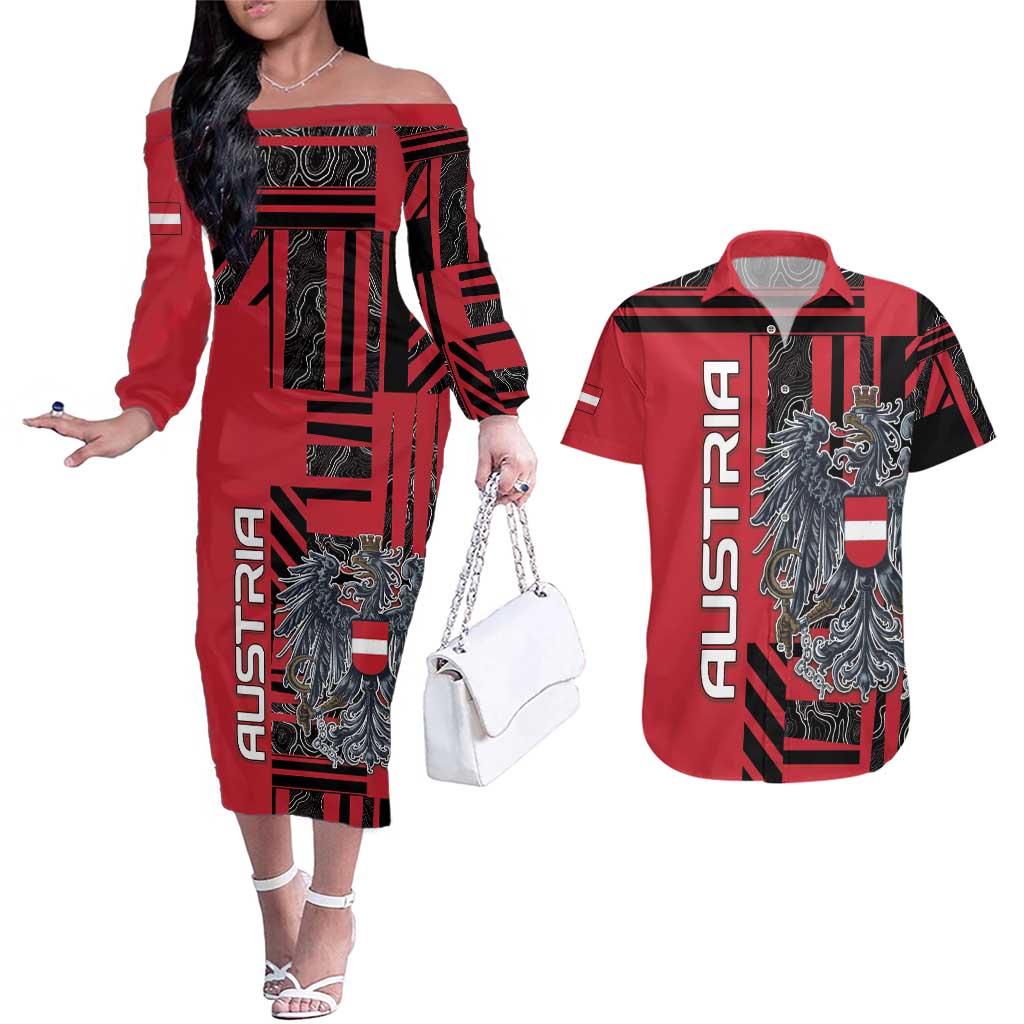 Personalized Austria Couples Matching Off The Shoulder Long Sleeve Dress and Hawaiian Shirt Black Eagle Badge With Patterns - Wonder Print Shop