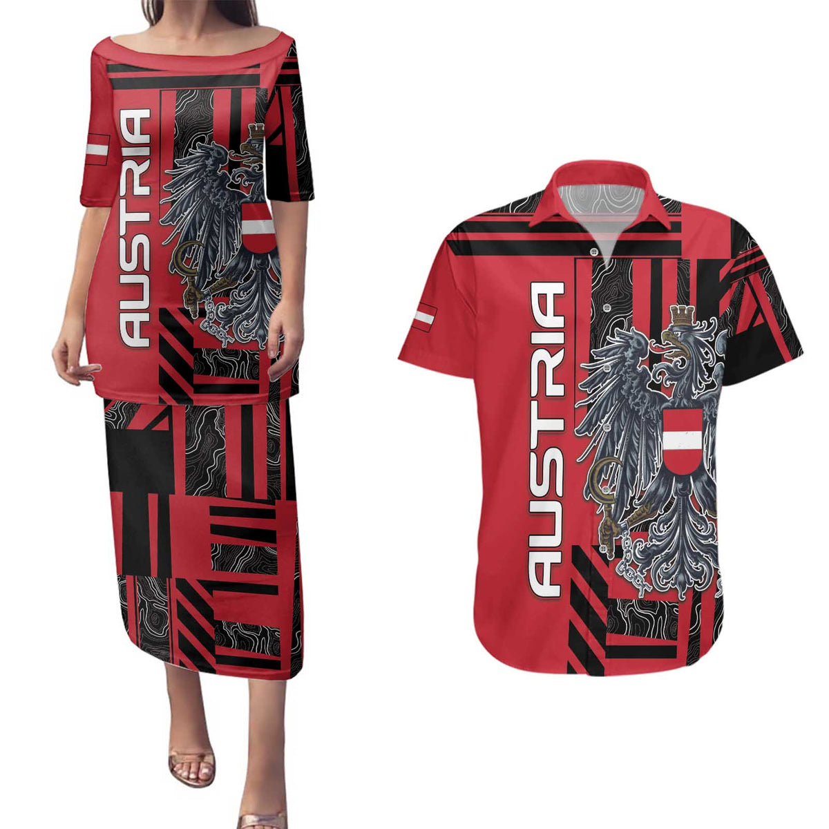 Personalized Austria Couples Matching Puletasi and Hawaiian Shirt Black Eagle Badge With Patterns - Wonder Print Shop