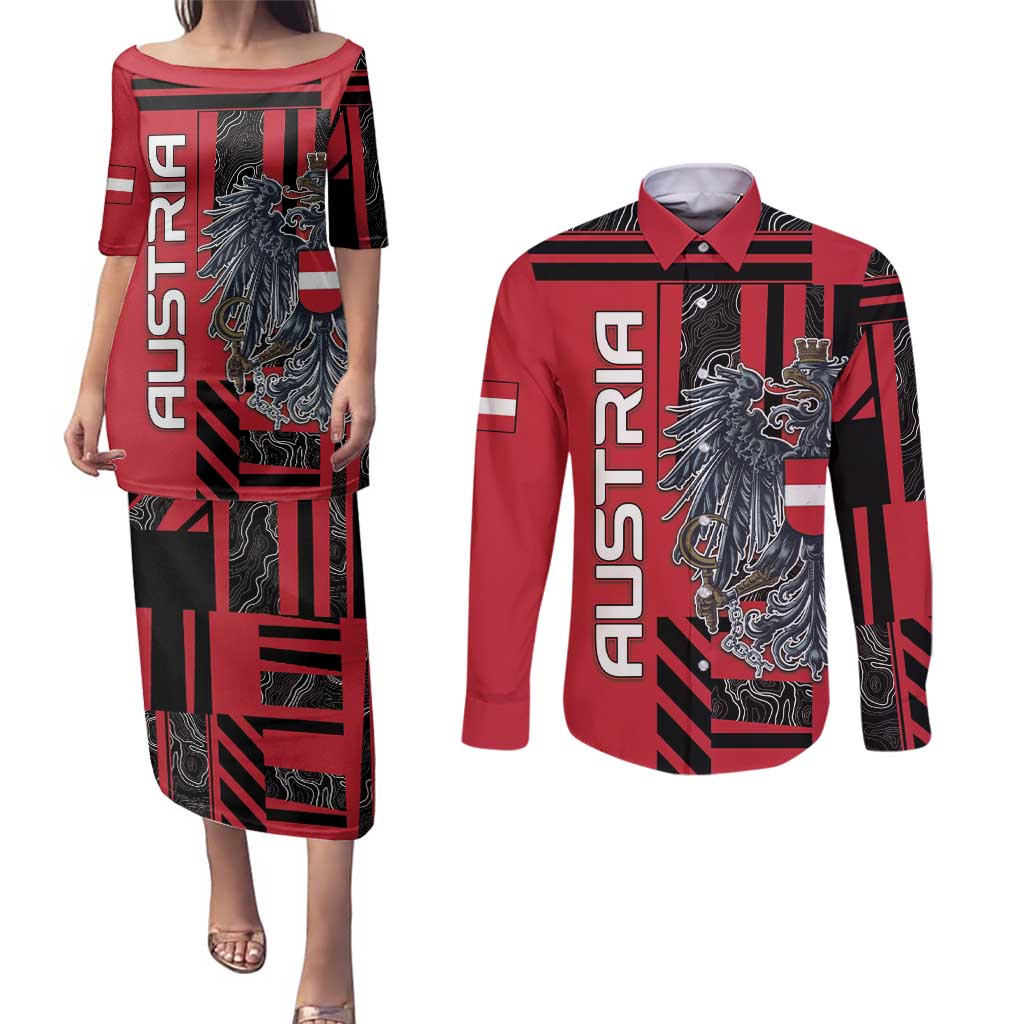 Personalized Austria Couples Matching Puletasi and Long Sleeve Button Shirt Black Eagle Badge With Patterns - Wonder Print Shop