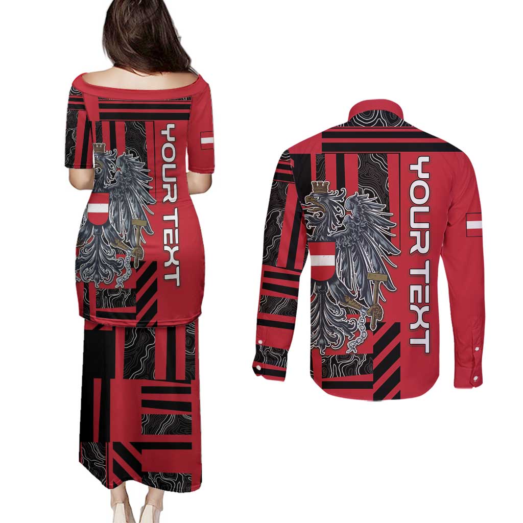 Personalized Austria Couples Matching Puletasi and Long Sleeve Button Shirt Black Eagle Badge With Patterns - Wonder Print Shop