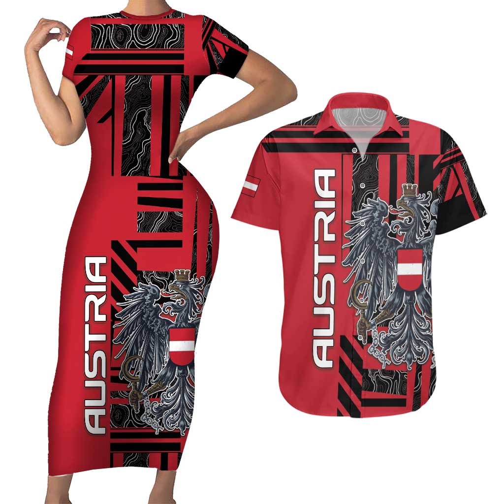 Personalized Austria Couples Matching Short Sleeve Bodycon Dress and Hawaiian Shirt Black Eagle Badge With Patterns - Wonder Print Shop