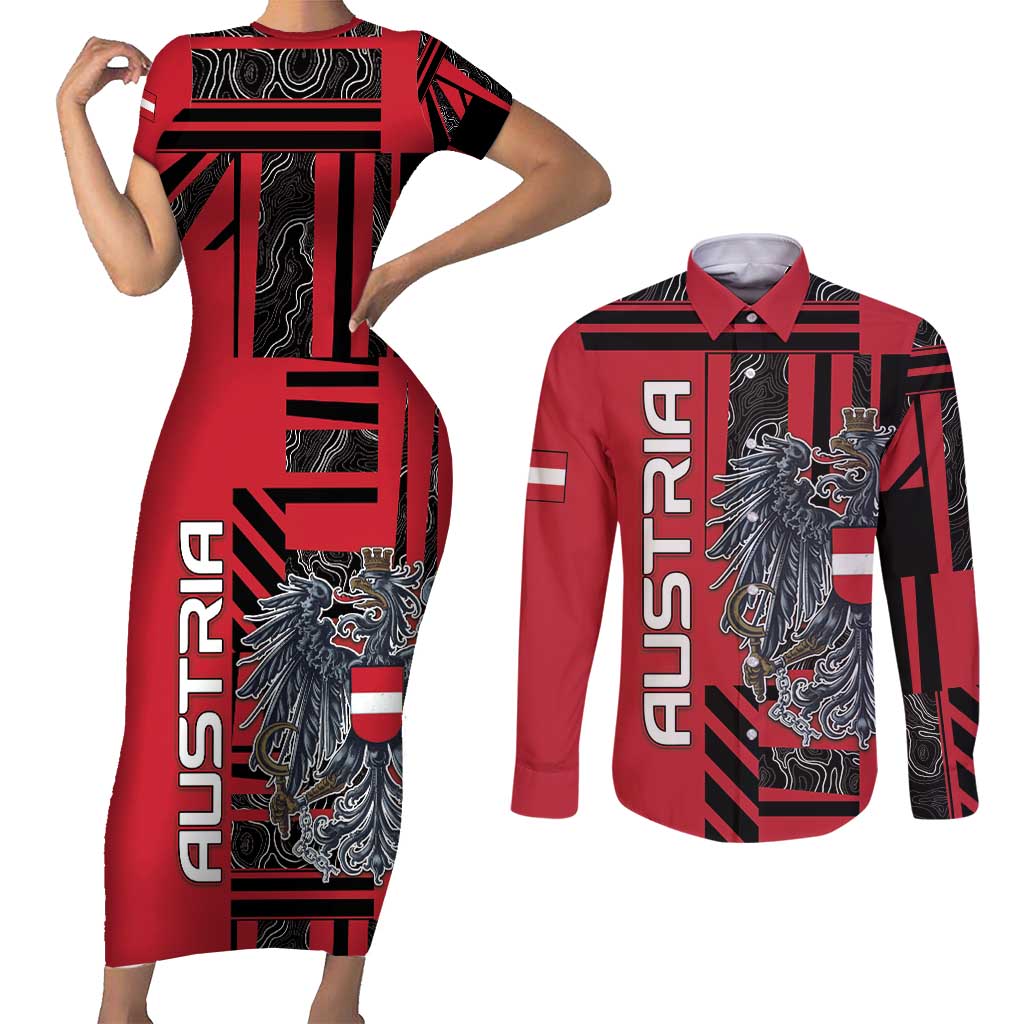 Personalized Austria Couples Matching Short Sleeve Bodycon Dress and Long Sleeve Button Shirt Black Eagle Badge With Patterns - Wonder Print Shop