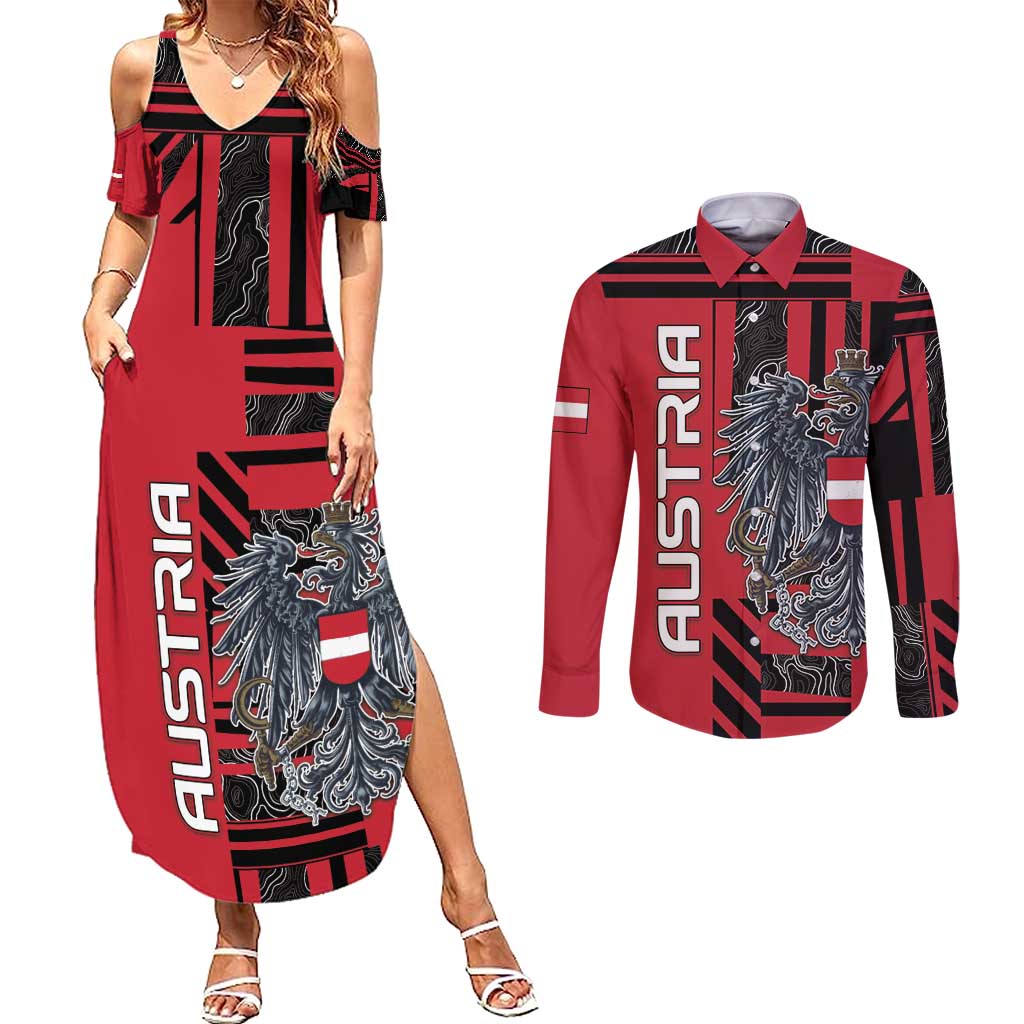 Personalized Austria Couples Matching Summer Maxi Dress and Long Sleeve Button Shirt Black Eagle Badge With Patterns - Wonder Print Shop