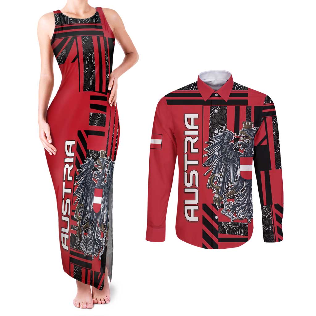 Personalized Austria Couples Matching Tank Maxi Dress and Long Sleeve Button Shirt Black Eagle Badge With Patterns - Wonder Print Shop