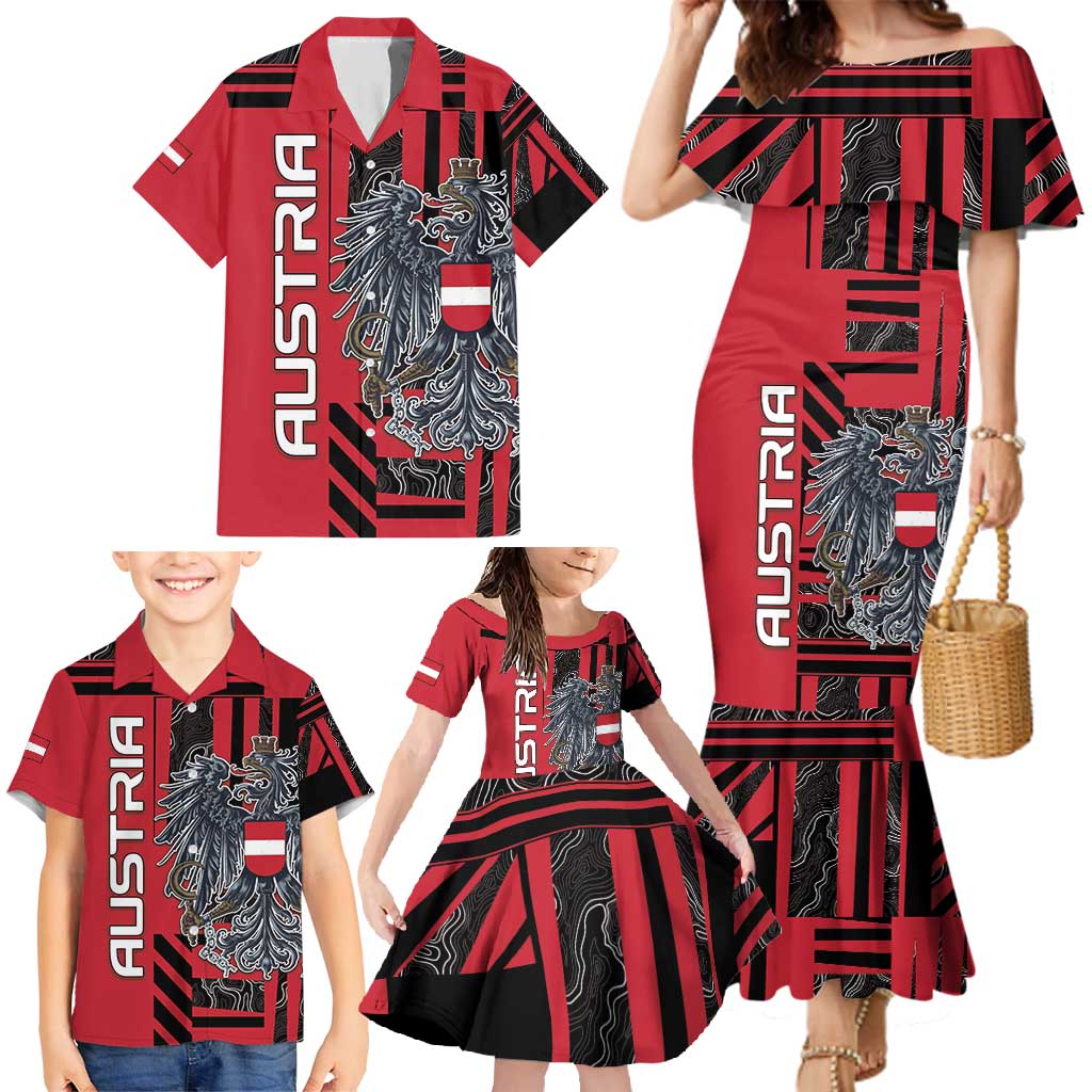 Personalized Austria Family Matching Mermaid Dress and Hawaiian Shirt Black Eagle Badge With Patterns - Wonder Print Shop