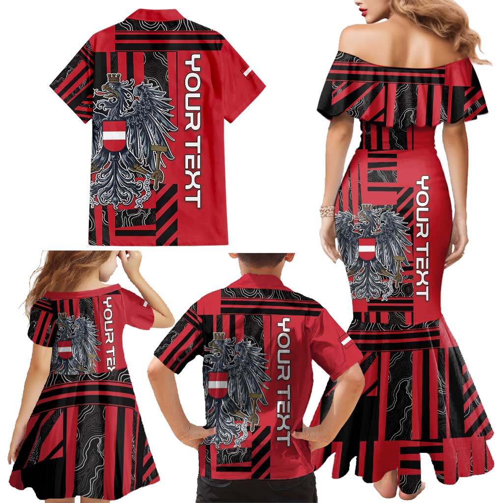 Personalized Austria Family Matching Mermaid Dress and Hawaiian Shirt Black Eagle Badge With Patterns - Wonder Print Shop