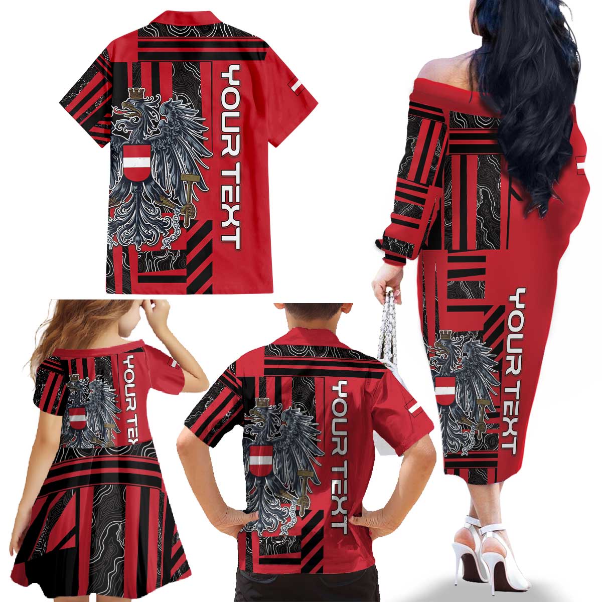 Personalized Austria Family Matching Off The Shoulder Long Sleeve Dress and Hawaiian Shirt Black Eagle Badge With Patterns - Wonder Print Shop