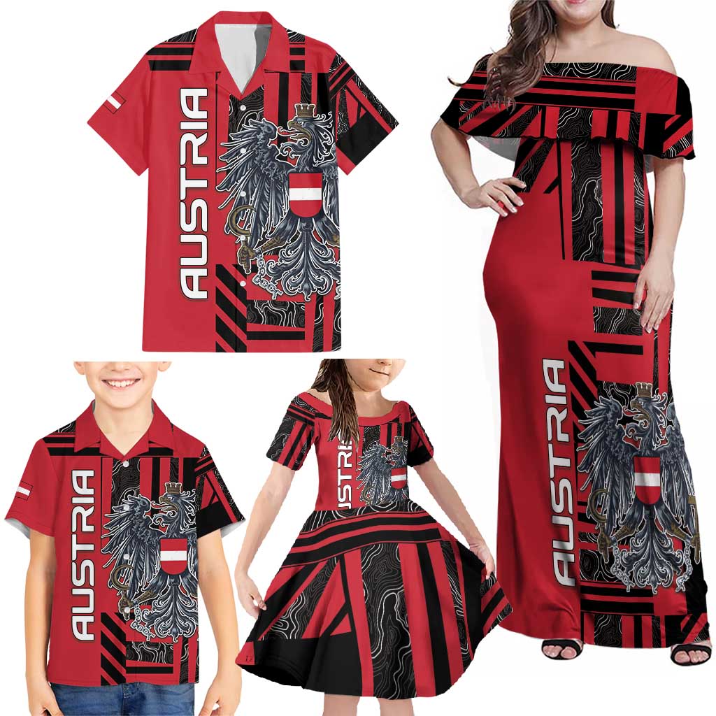 Personalized Austria Family Matching Off Shoulder Maxi Dress and Hawaiian Shirt Black Eagle Badge With Patterns - Wonder Print Shop