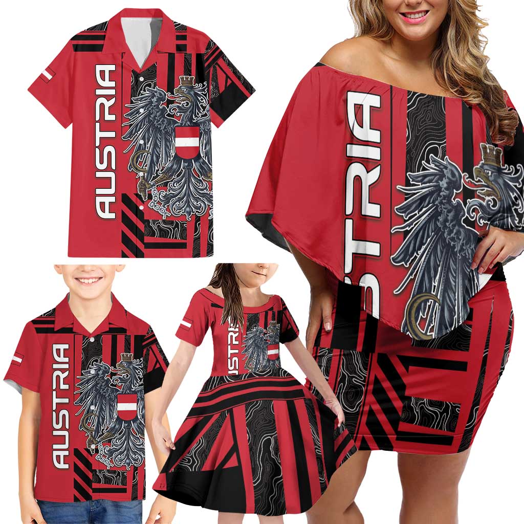 Personalized Austria Family Matching Off Shoulder Short Dress and Hawaiian Shirt Black Eagle Badge With Patterns - Wonder Print Shop