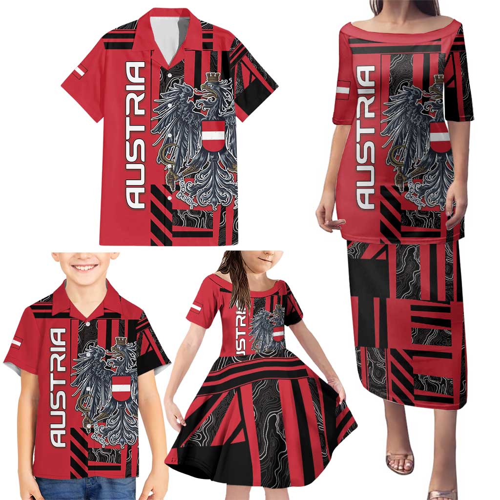 Personalized Austria Family Matching Puletasi and Hawaiian Shirt Black Eagle Badge With Patterns - Wonder Print Shop