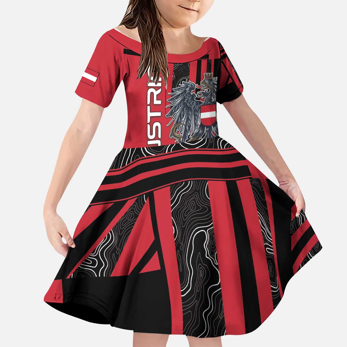 Personalized Austria Kid Short Sleeve Dress Black Eagle Badge With Patterns - Wonder Print Shop