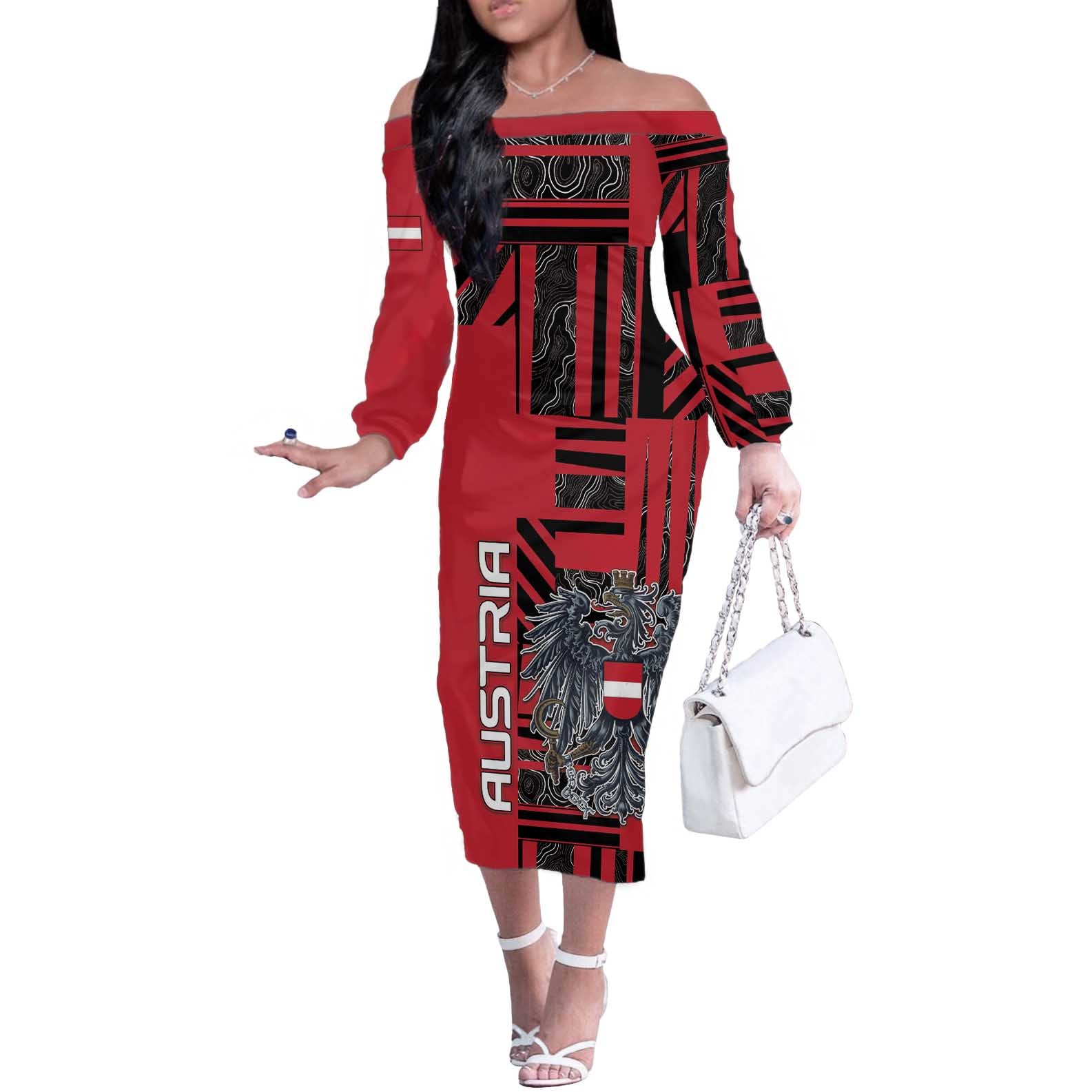 Personalized Austria Off The Shoulder Long Sleeve Dress Black Eagle Badge With Patterns - Wonder Print Shop