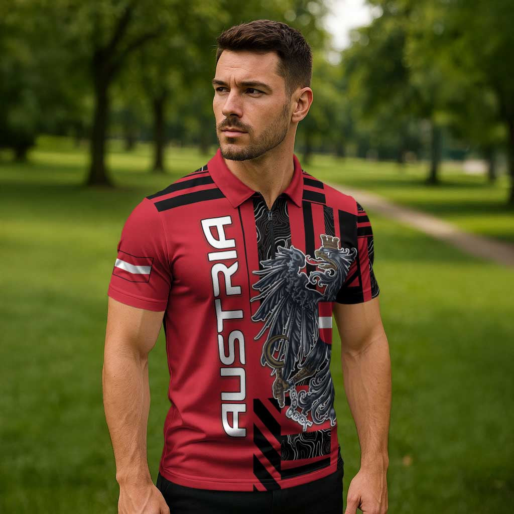 Personalized Austria Zipper Polo Shirt Black Eagle Badge With Patterns - Wonder Print Shop