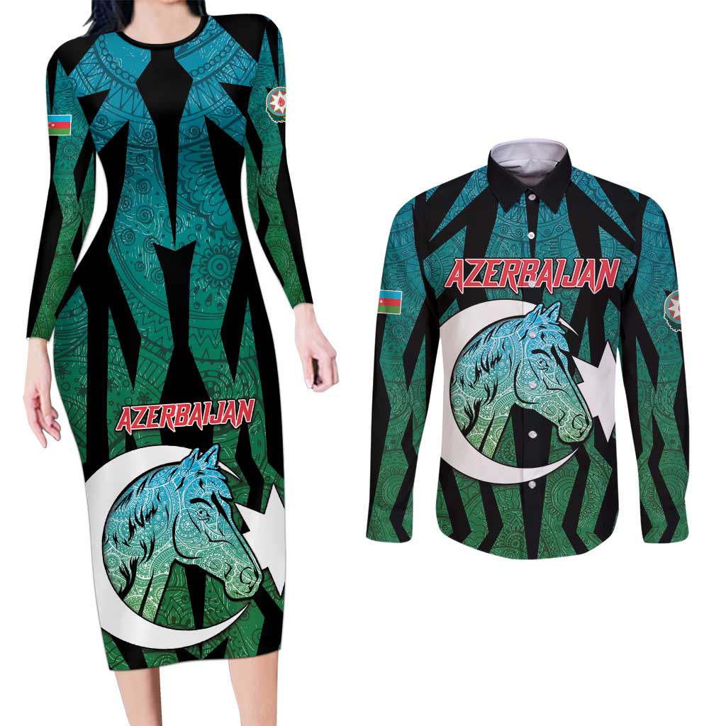 Personalized Azerbaijan Couples Matching Long Sleeve Bodycon Dress and Long Sleeve Button Shirt Karabakh Horse Tattoo - Wonder Print Shop