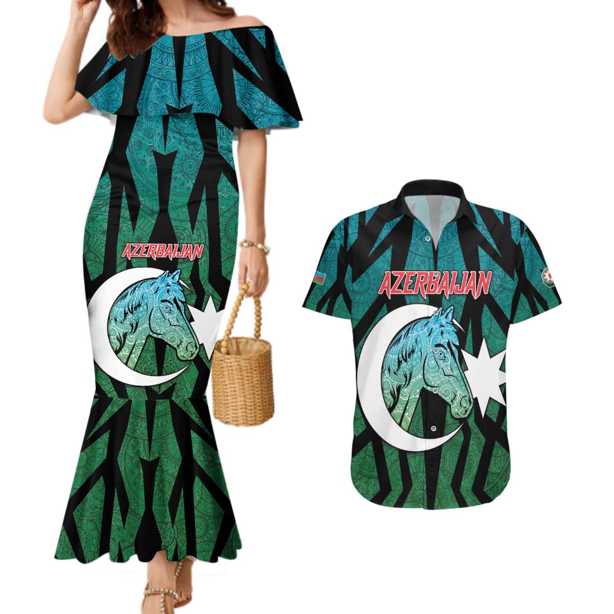 Personalized Azerbaijan Couples Matching Mermaid Dress and Hawaiian Shirt Karabakh Horse Tattoo - Wonder Print Shop