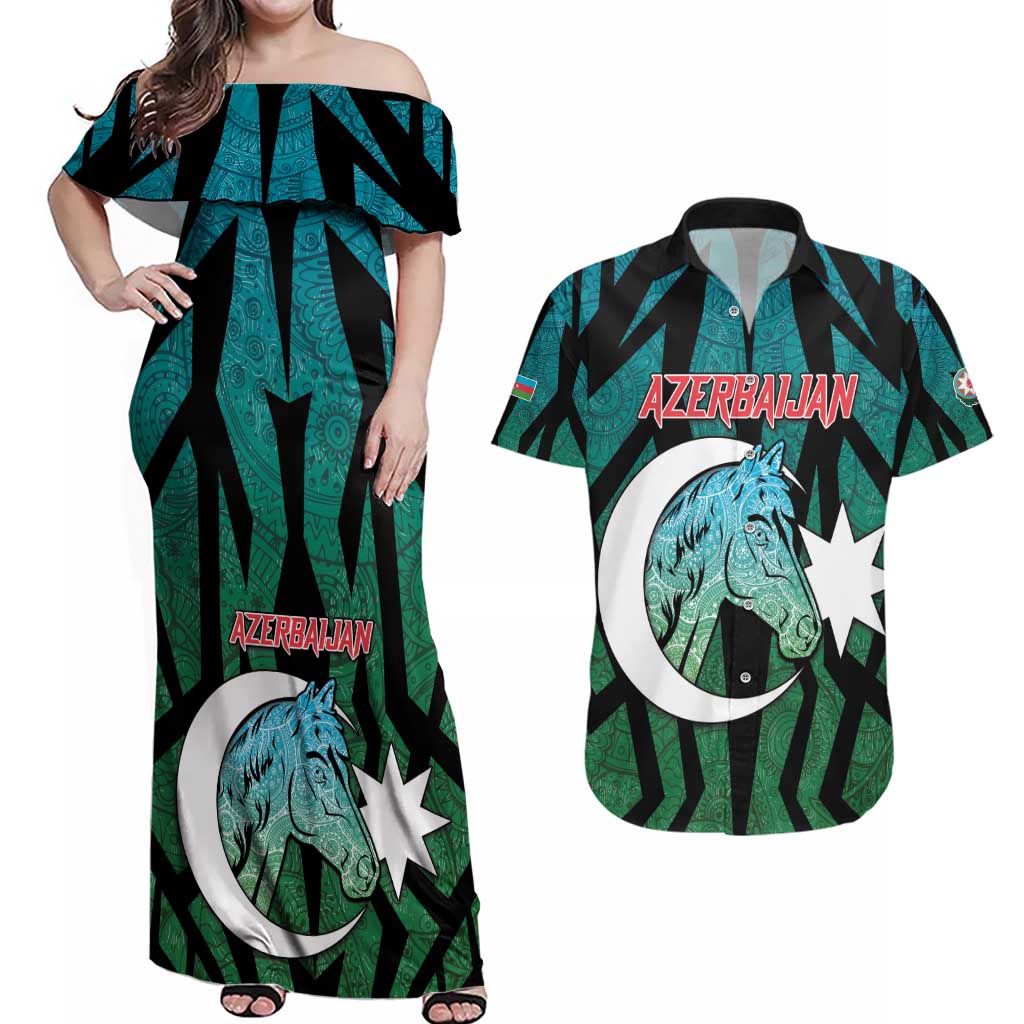 Personalized Azerbaijan Couples Matching Off Shoulder Maxi Dress and Hawaiian Shirt Karabakh Horse Tattoo - Wonder Print Shop