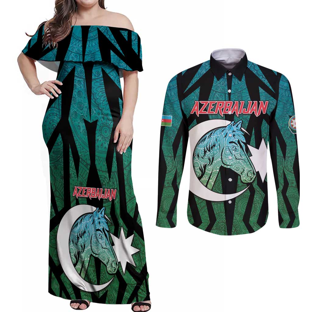 Personalized Azerbaijan Couples Matching Off Shoulder Maxi Dress and Long Sleeve Button Shirt Karabakh Horse Tattoo - Wonder Print Shop