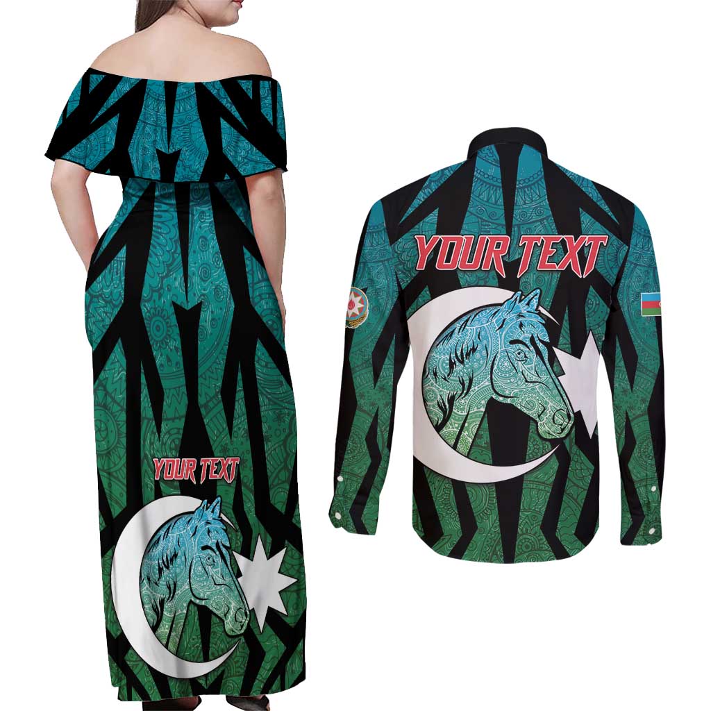 Personalized Azerbaijan Couples Matching Off Shoulder Maxi Dress and Long Sleeve Button Shirt Karabakh Horse Tattoo - Wonder Print Shop