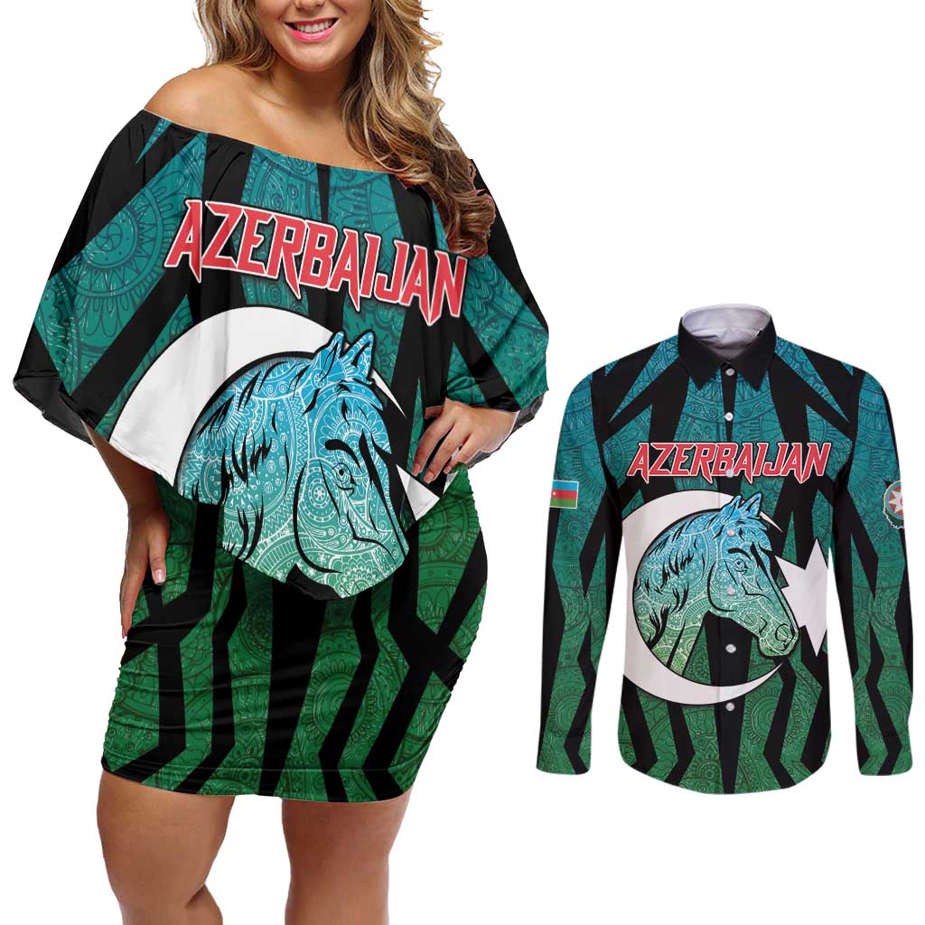 Personalized Azerbaijan Couples Matching Off Shoulder Short Dress and Long Sleeve Button Shirt Karabakh Horse Tattoo - Wonder Print Shop