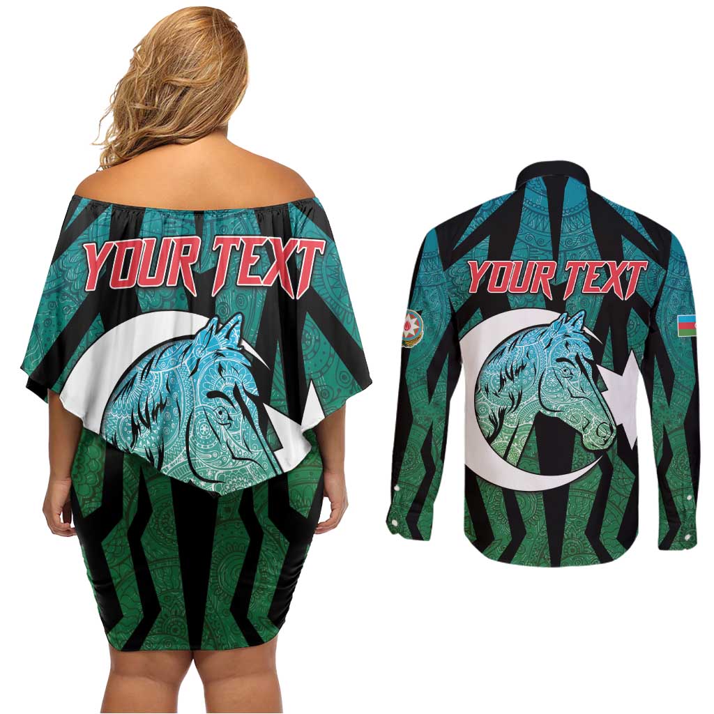Personalized Azerbaijan Couples Matching Off Shoulder Short Dress and Long Sleeve Button Shirt Karabakh Horse Tattoo - Wonder Print Shop