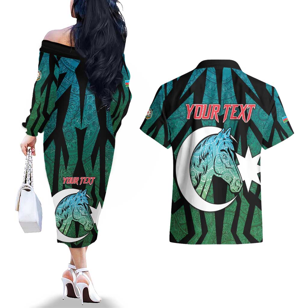 Personalized Azerbaijan Couples Matching Off The Shoulder Long Sleeve Dress and Hawaiian Shirt Karabakh Horse Tattoo - Wonder Print Shop