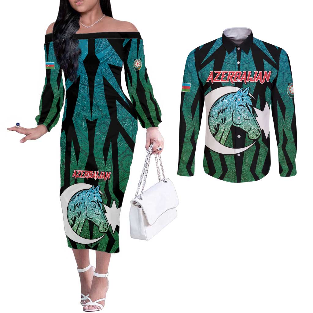 Personalized Azerbaijan Couples Matching Off The Shoulder Long Sleeve Dress and Long Sleeve Button Shirt Karabakh Horse Tattoo - Wonder Print Shop