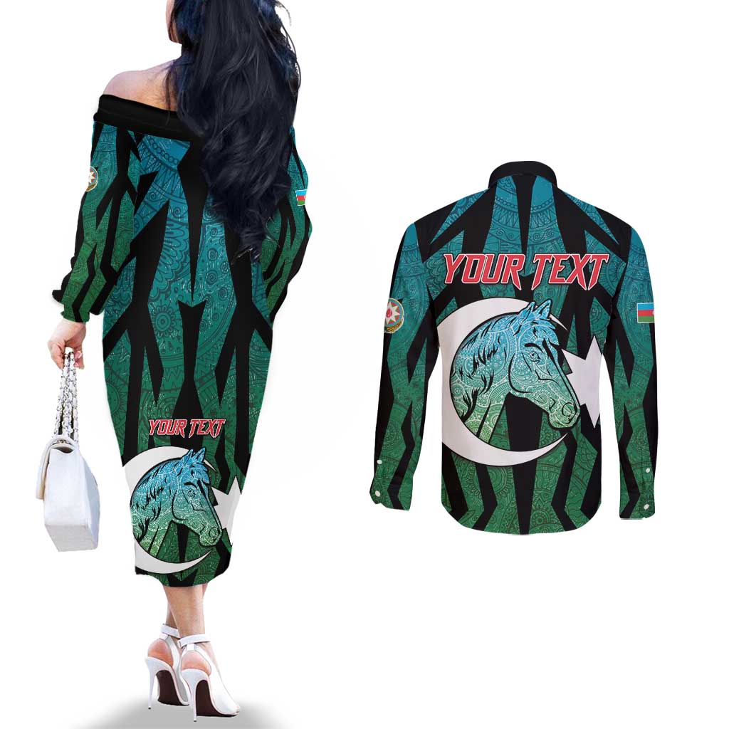 Personalized Azerbaijan Couples Matching Off The Shoulder Long Sleeve Dress and Long Sleeve Button Shirt Karabakh Horse Tattoo - Wonder Print Shop