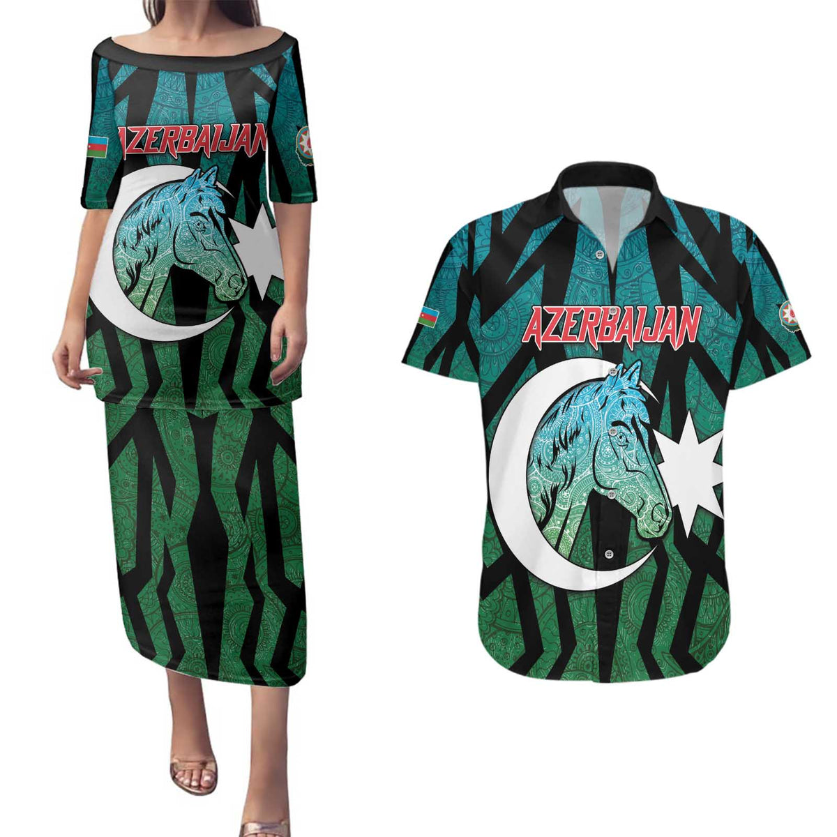 Personalized Azerbaijan Couples Matching Puletasi and Hawaiian Shirt Karabakh Horse Tattoo - Wonder Print Shop